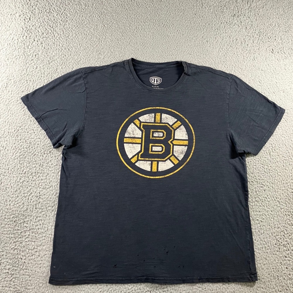 OTS Boston Bruins T-Shirt Mens XL Charcoal Gray Distressed Logo Slub Cotton